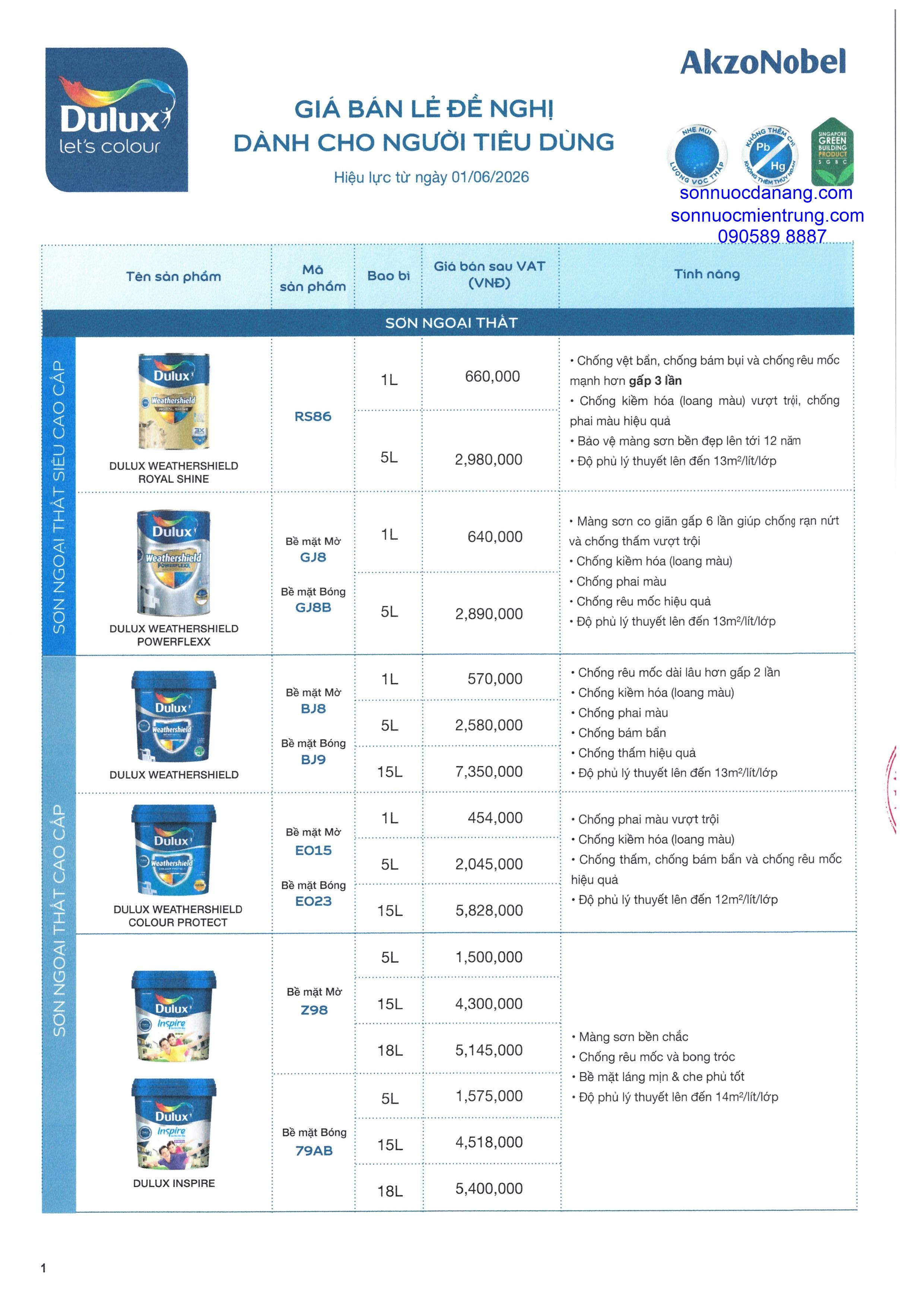 Bảng giá sơn Dulux Maxilite chính hãng mới nhất ngày 01.06.2026