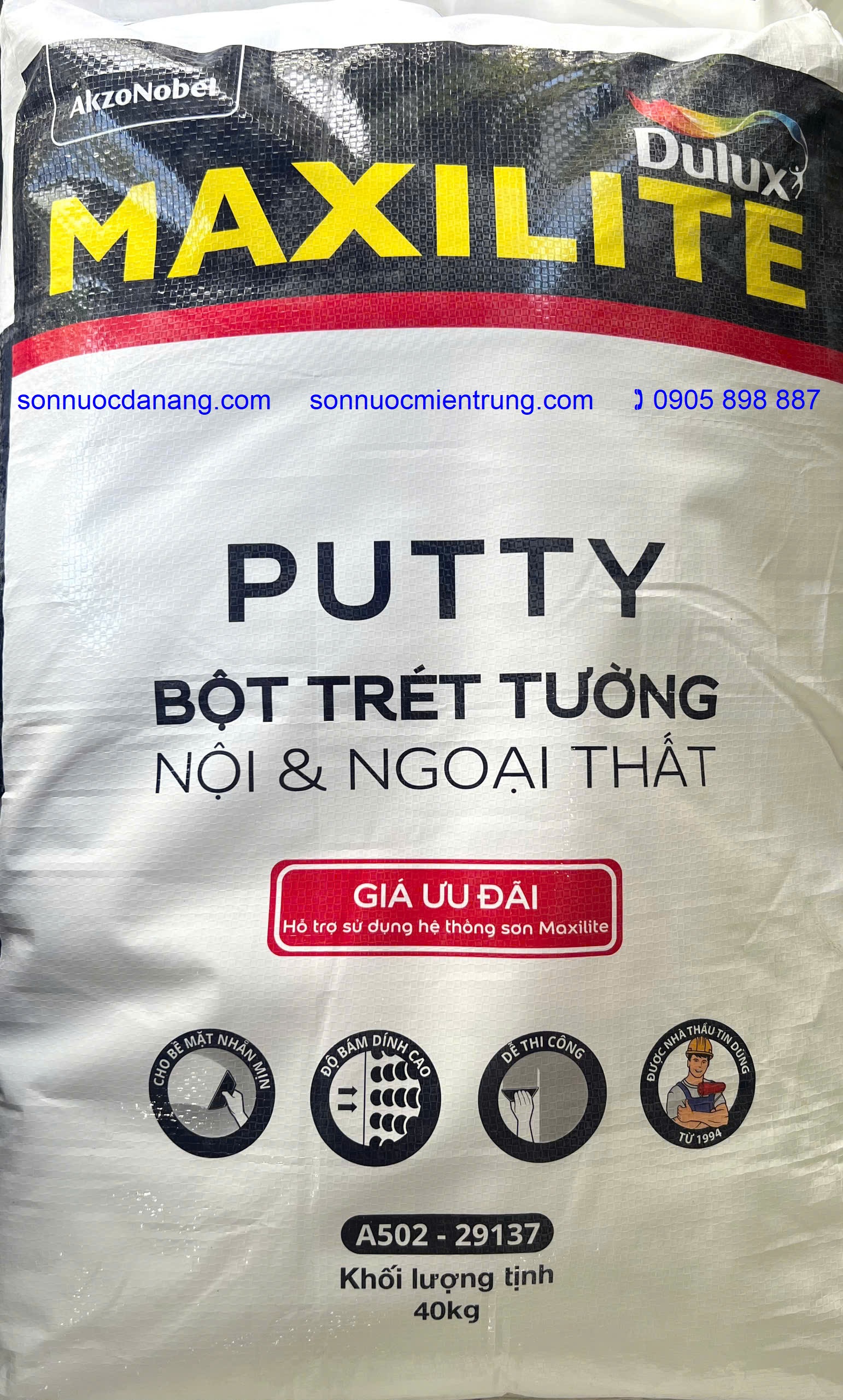 Bột trét tường nội & ngoại thất Maxilite-A502-29137 chính hãng giá rẽ tại Đà Nẵng, Hồ Chí Minh, Hà Nội. Bột trét tường nội & ngoại thất Maxilite-A502-29137 là sản phẩm Dulux thuộc Tập đoàn Akzonobel. là vật liệu xử lý bề mặt tường, có tác dụng làm phẳng và tăng độ bám dính cho lớp sơn tiếp thep. Sản phẩm chất lượng cao phù hợp cho bề mặt tường trong nhà.