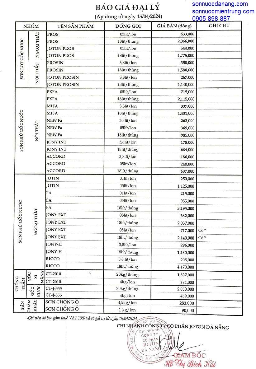 BẢNG GIÁ SƠN JOTON MỚI NHẤT 2024 UPDATE