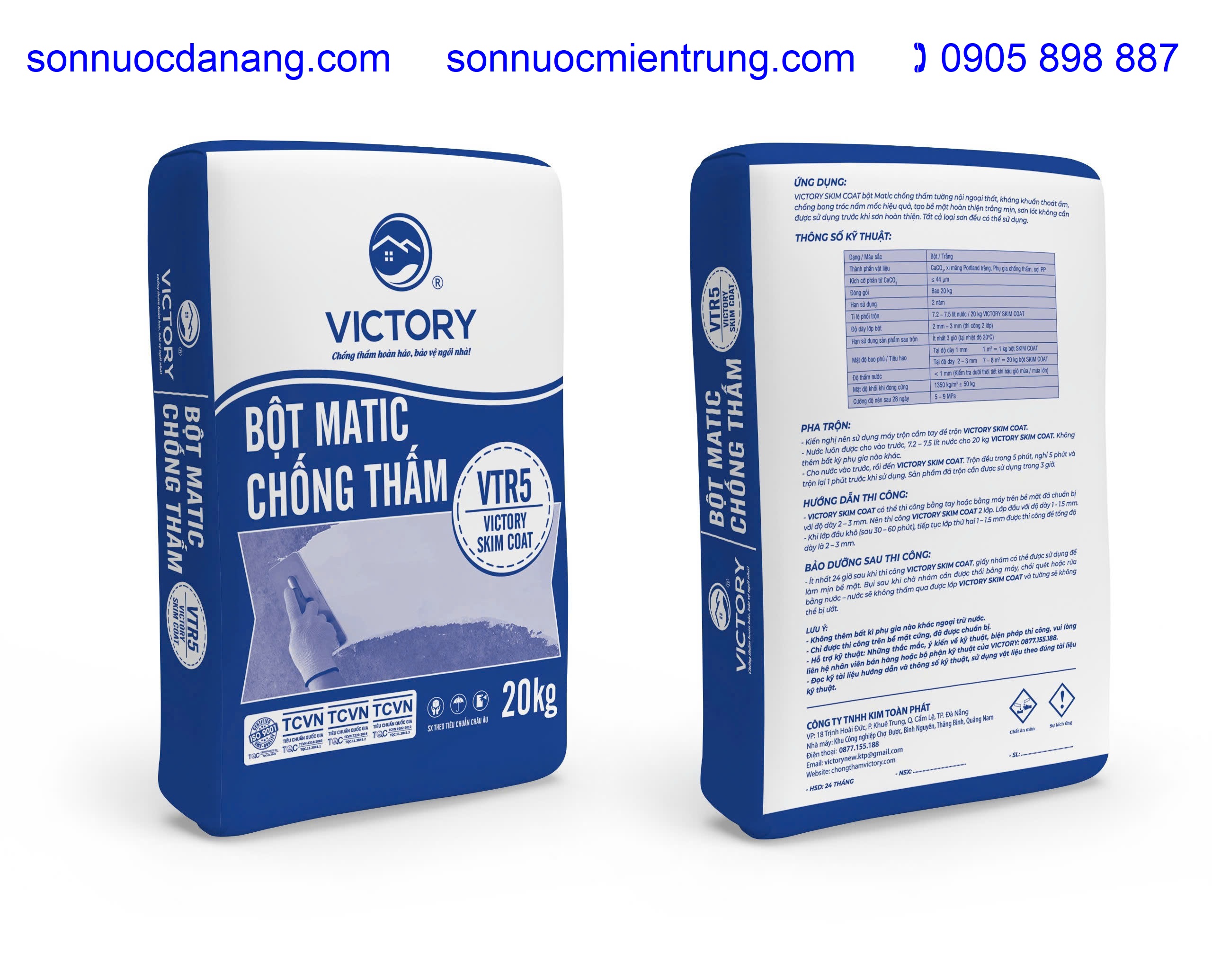 Bột Matic chống thấm nội ngoại thất – VTR5 tại Đà Nẵng Hà Nội Hồ Chí Minh và Toàn Quốc. Victory Skim Coat Matic chống thấm siêu trắng mịn, có khả năng chống thấm, thoát ẩm, kháng khuẩn, kháng muối, co ngót thấp và có đặc tính chống nứt tuyệt vời vì có chứa sợi PP. Có thể được sử dụng các bức tường bên trong, bên ngoài và thay thế hoàn toàn bột bả tường thông thường. Đặc tính chống thấm lâu dài, chống bong tróc, chống rêu mốc.

Ưu điểm của sản phẩm Victory Skim Coat – VTR5: Được phối trộn trên dây chuyền tự động, các bao sản phẩm có tính đồng nhất cao. Nguyên liệu đầu vào sạch. Khi phối trộn có độ dẻo cao, dễ dàng thi công, ít rơi vãi, bám dính cao.  Có thể thi công bằng máy phun. Không bị chai mặt khi gặp mưa. Dễ chà nhám, bề mặt luôn khô ráo, thoát ẩm tốt, thời gian lưu kho dài….
